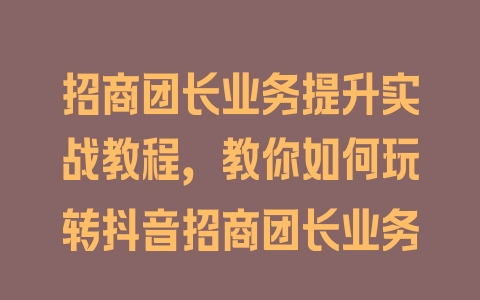 招商团长业务提升实战教程，教你如何玩转抖音招商团长业务 - 塑业网