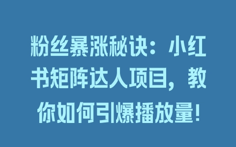 粉丝暴涨秘诀：小红书矩阵达人项目，教你如何引爆播放量！ - 塑业网