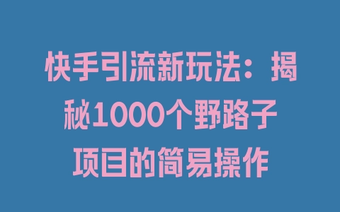 快手引流新玩法：揭秘1000个野路子项目的简易操作 - 塑业网