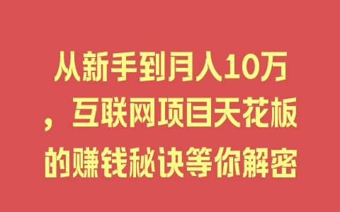 从新手到月入10万，互联网项目天花板的赚钱秘诀等你解密 - 塑业网